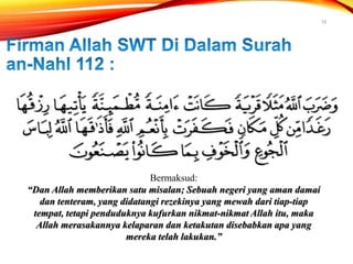 10
Bermaksud:
“Dan Allah memberikan satu misalan; Sebuah negeri yang aman damai
dan tenteram, yang didatangi rezekinya yang mewah dari tiap-tiap
tempat, tetapi penduduknya kufurkan nikmat-nikmat Allah itu, maka
Allah merasakannya kelaparan dan ketakutan disebabkan apa yang
mereka telah lakukan.”
 