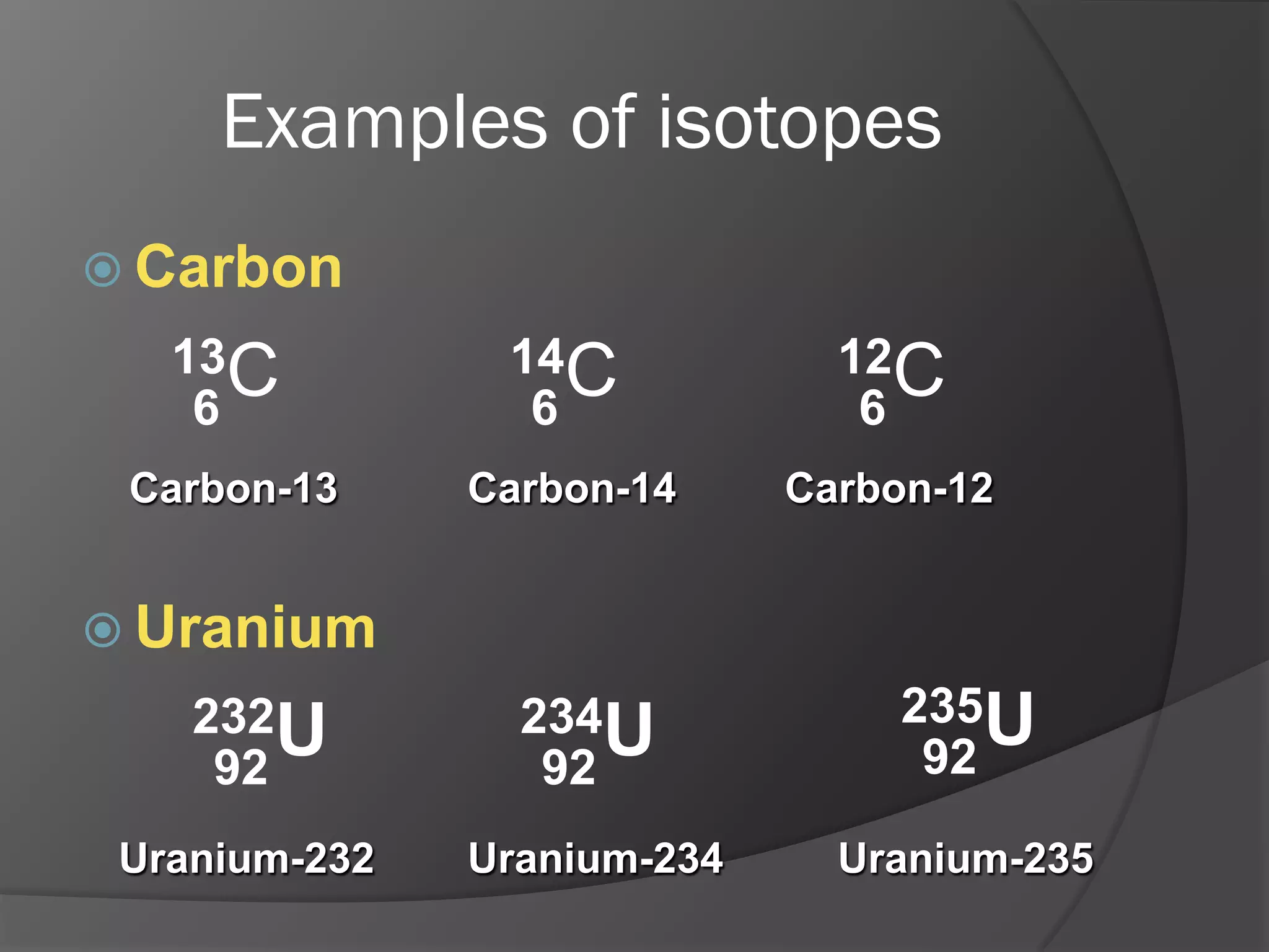 Examples of isotopes
 Carbon

13C
6

14C
6

12C
6

Carbon-13

Carbon-14

Carbon-12

 Uranium

232U
92
Uranium-232

234U
92

235U
92

Uranium-234

Uranium-235

 