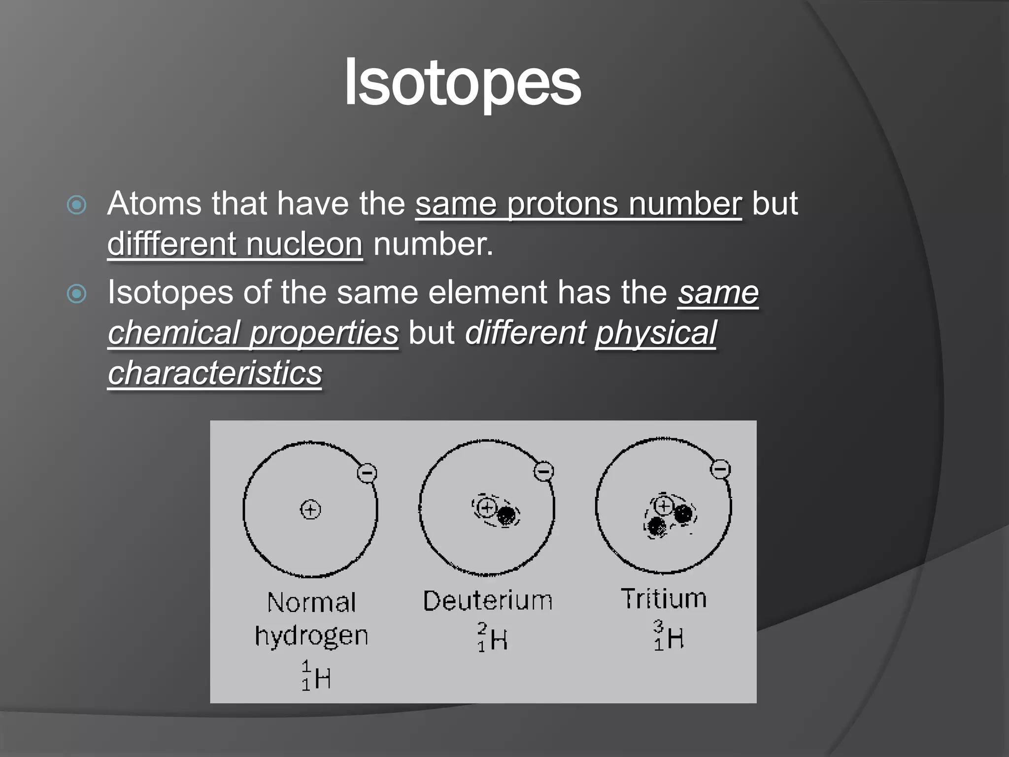 Isotopes



Atoms that have the same protons number but
diffferent nucleon number.
Isotopes of the same element has the same
chemical properties but different physical
characteristics

 