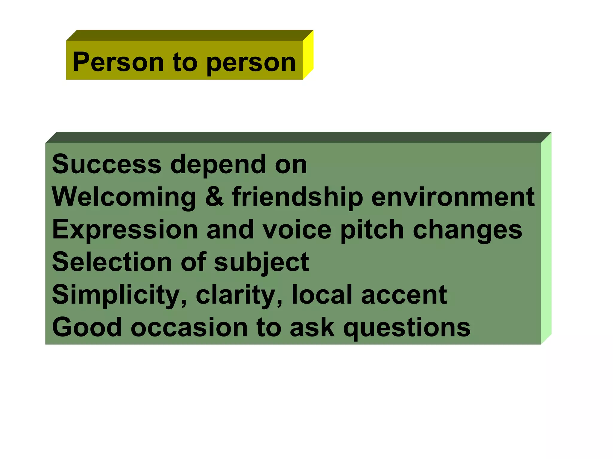 Success depend on  Welcoming & friendship environment Expression and voice pitch changes Selection of subject Simplicity, clarity, local accent Good occasion to ask questions Person to person 