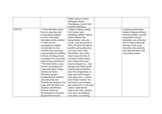 badan hukum tersebut
dianggap sebagai
Penciptanya, kecuali jika
terbukti sebaliknya.
OBYEK * Paten diberikan untuk
Invensi yang baru dan
mengandung langkah
inventif serta dapat
diterapkan dalam industri.
* Suatu Invensi
mengandung langkah
inventif jika Invensi
tersebut bagi seseorang
yang mempunyai keahlian
tertentu di bidang teknik
merupakan hal yang tidak
dapat diduga sebelumnya.
* Penilaian bahwa suatu
Invensi merupakan hal
yang tidak dapat diduga
sebelumnya harus
dilakukan dengan
memperhatikan keahlian
yang ada pada saat
Permohonan diajukan atau
yang telah ada pada saat
diajukan permohonan
pertama dalam hal
Permohonan itu diajukan
dengan Hak Prioritas.
Dalam Undang-undang
ini Ciptaan yang
dilindungi adalah Ciptaan
dalam bidang ilmu
pengetahuan, seni, dan
sastra, yang mencakup: a.
buku, Program Komputer,
pamflet, perwajahan (lay
out) karya tulis yang
diterbitkan, dan semua
hasil karya tulis lain; b.
ceramah, kuliah, pidato,
dan Ciptaan lain yang
sejenis dengan itu; c. alat
peraga yang dibuat untuk
kepentingan pendidikan
dan ilmu pengetahuan; d.
lagu atau musik dengan
atau tanpa teks; e. drama
atau drama musikal, tari,
koreografi, pewayangan,
dan pantomim; f. seni rupa
dalam segala bentuk
seperti seni lukis, gambar,
seni ukir, seni kaligrafi,
seni pahat, seni patung,
Lingkup perlindungan
Rahasia Dagang meliputi
metode produksi, metode
pengolahan, metode
penjualan, atau informasi
lain di bidang teknologi
dan/atau bisnis yang
memiliki nilai ekonomi
dan tidak diketahui oleh
masyarakat umum.
 