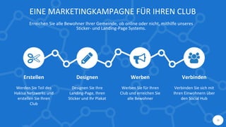 EINE MARKETINGKAMPAGNE FÜR IHREN CLUB
Erreichen Sie alle Bewohner Ihrer Gemeinde, ob online oder nicht, mithilfe unseres
Sticker- und Landing-Page Systems.
16
Erstellen
Werden Sie Teil des
Hakisa Netzwerks und
erstellen Sie Ihren
Club
Designen Werben Verbinden
Designen Sie Ihre
Landing-Page, Ihren
Sticker und Ihr Plakat
Werben Sie für Ihren
Club und erreichen Sie
alle Bewohner
Verbinden Sie sich mit
Ihren Einwohnern über
den Social Hub
 