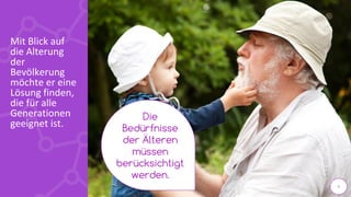 4
Mit Blick auf
die Alterung
der
Bevölkerung
möchte er eine
Lösung finden,
die für alle
Generationen
geeignet ist.
Die
Bedürfnisse
der Älteren
müssen
berücksichtigt
werden.
 