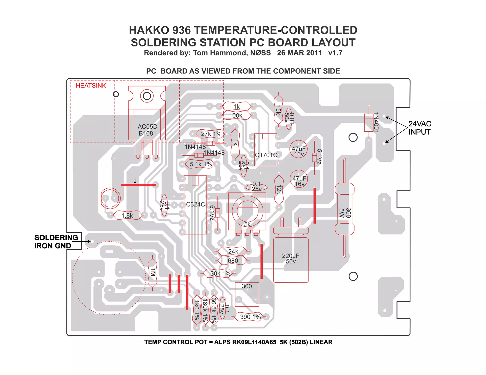 HEATSINK
HAKKO 936 TEMPERATURE-CONTROLLED
SOLDERING STATION PC BOARD LAYOUT
Rendered by: Tom Hammond, NØSS 26 MAR 2011 v1.7
PC BOARD AS VIEWED FROM THE COMPONENT SIDE
1k
100k
47uF
16v
47uF
16v
220uF
50v
AC05D
B1081
C324C
C1701C
27k 1%
5.1k 1%
1.8k
24k
680
130k 1%
390 1%
0.1
25v
300
5k
1N4148
1N4148
J
 