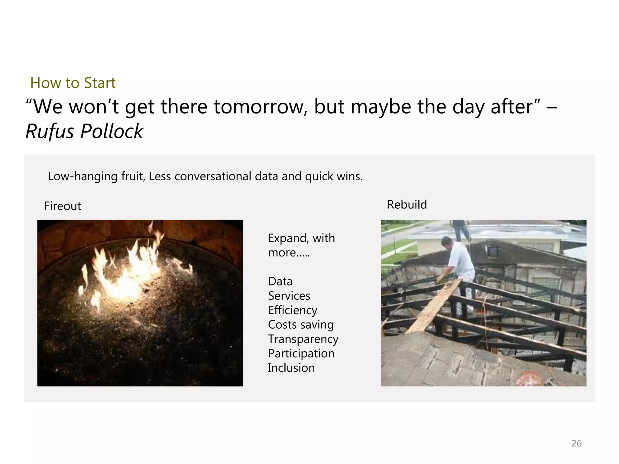 RebuildFireout
“We won’t get there tomorrow, but maybe the day after” –
Rufus Pollock
How to Start
Low-hanging fruit, Less conversational data and quick wins.
Expand, with
more…..
Data
Services
Efficiency
Costs saving
Transparency
Participation
Inclusion
26
 