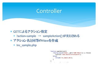 Controller


*  GETによるアクション指定	
  
 *  ?action=sample → sampleAction()	
  が実行される	
  
*  アクション名と同等のViewを作成	
  
 *  Inc_sample.php
 