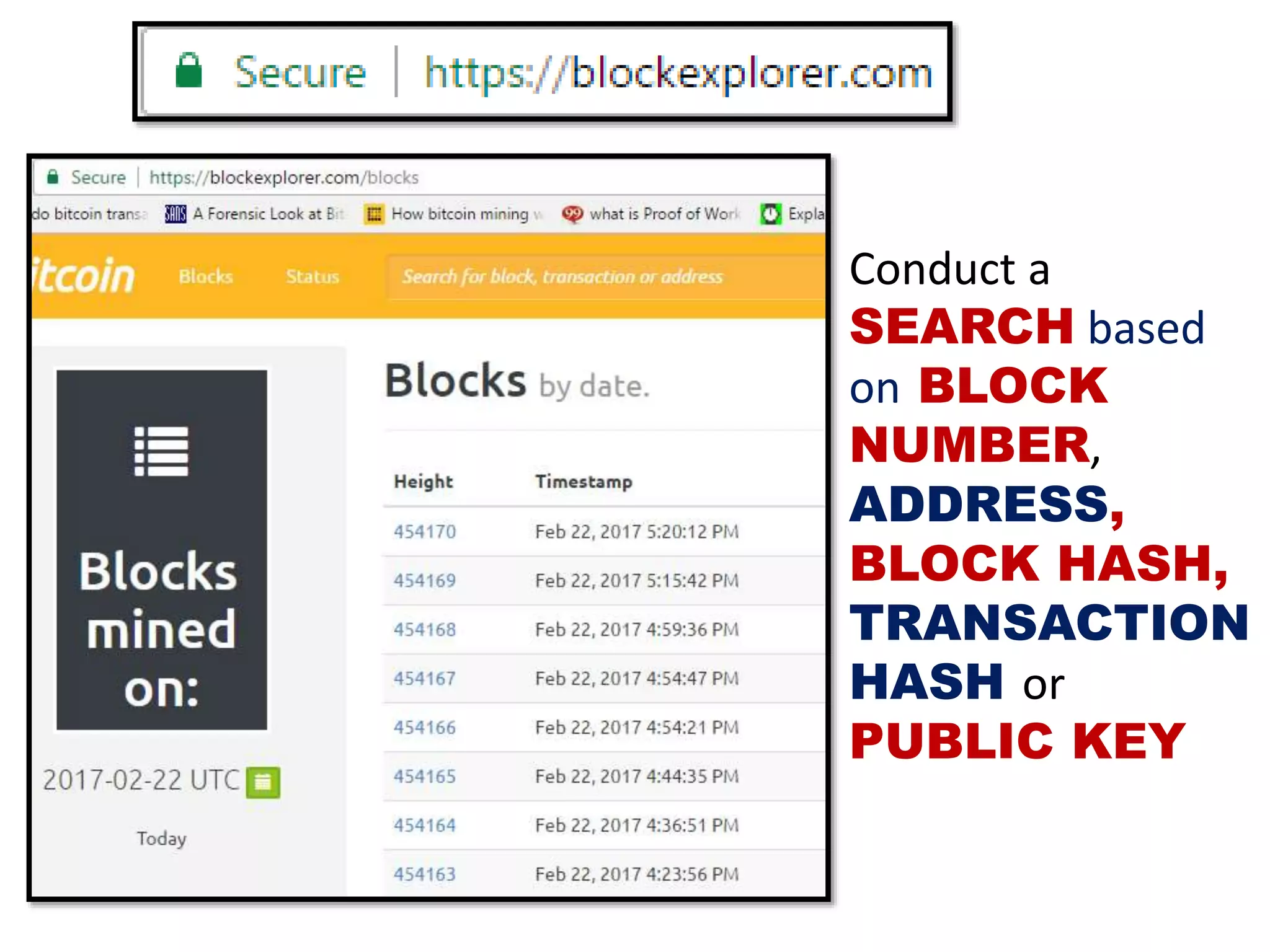 Conduct a
SEARCH based
on BLOCK
NUMBER,
ADDRESS,
BLOCK HASH,
TRANSACTION
HASH or
PUBLIC KEY
 