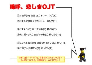嗚呼、悲しきOJT
①お前が(O) 自分で(J) トレーニング(T)
②おまかせ(O) ジョブ（J）トレーニング(T)

③おまえら(O) 自分でやれ(J) 頼るな(T)
④俺に聞くな(O) 自分でやれ(J) 頼むから(T)

⑤怒られる前に(O) 自分で何とかしろ(J) 頼む(T)
⑥お前(O) 邪魔だよ(J) 立ってろ(T)	

さあ、違うバージョンを、自宅でかんがえてみよう！
もし思いついたら、中原までメールをください！	

（C）	

 