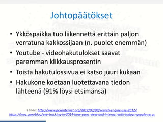 Johtopäätökset
• Ykköspaikka tuo liikennettä erittäin paljon
verratuna kakkossijaan (n. puolet enemmän)
• Youtube - videohakutulokset saavat
paremman klikkausprosentin
• Toista hakutulossivua ei katso juuri kukaan
• Hakukone koetaan luotettavana tiedon
lähteenä (91% löysi etsimänsä)
Lähde: http://www.pewinternet.org/2012/03/09/search-engine-use-2012/
https://moz.com/blog/eye-tracking-in-2014-how-users-view-and-interact-with-todays-google-serps
 