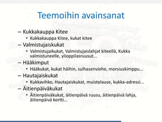 Teemoihin avainsanat
– Kukkakauppa Kitee
• Kukkakauppa Kitee, kukat kitee
– Valmistujaiskukat
• Valmistujaikukat, Valmistujaislahjat kiteellä, Kukka
valmistuneelle, ylioppilasruusut...
– Hääkimput
• Hääkukat, kukat häihin, sulhasenviehe, morsiuskimppu...
– Hautajaiskukat
• Kukkavihko, Hautajaiskukat, muistolause, kukka-adressi...
– Äitienpäiväkukat
• Äitienpäiväkukat, äitienpäivä ruusu, äitienpäivä lahja,
äitienpäivä kortti...
 