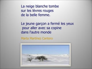 La neige blanche tombe  sur les lèvres rouges  de la belle femme. Le jeune garçon a fermé les yeux pour aller avec sa copine  dans l'autre monde Marta Martínez Cantero 