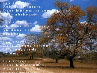 Les arbres, Rois de la nature, Dans leur ombre nous nous abritons. Les arbres, Vie dans leur  tronc, Vie dans leurs branches. Les arbres,  Dans chaque saison, Ils changent de vêtement. Les arbres, Dans leurs feuilles, Nous trouvons le secret de la vie. Mª Carmen Herrera Jiménez 