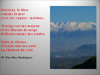 Précieux  le bleu comme la mer avec ses vagues  marines. Il neige sur ma maison Et les flocons de neige Brillent comme des étoiles. Entre le silence J’écoute tous les soirs  La chanson du vent. Mª Paz Siles Rodríguez   