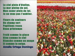 Le ciel plein d’étoiles. La mer pleine de sel. Mon coeur plein de toi. Je ne veux pas t’oublier. Fleurs de couleurs Un champ vert Papillons roses Beau printemps Froid comme la glace Bleu comme le ciel Blanche comme un nuage Et comme la neige . Amelia Ortega Domingo 