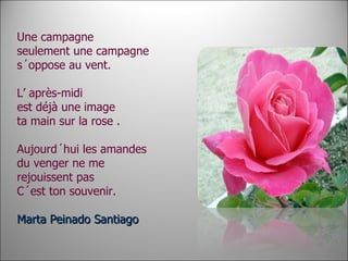 Une campagne seulement une campagne s´oppose au vent. L’ après-midi est déjà une image ta main sur la rose .  Aujourd´hui les amandes du venger ne me rejouissent pas C´est ton souvenir. Marta Peinado Santiago  