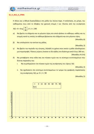 – 13 –
GI_V_ALG_4_17841 
 
  Η Αλίκη και η Αθηνά διασκεδάζουν στη ρόδα του λούνα παρκ. Η απόσταση, σε μέτρα, του 
καθίσματος  τους  από  το  έδαφος  την  χρονική  στιγμή  t sec   δίνεται  από  την  συνάρτηση 
πt
h(t) 8 6∙ημ ,0 t 180
30
⎛ ⎞
= + ⎜ ⎟
⎝ ⎠
 
  α)   Να βρείτε το ελάχιστο και το μέγιστο ύψος στο οποίο φτάνει το κάθισμα, καθώς και τις 
στιγμές κατά τις οποίες το κάθισμα βρίσκεται στο ελάχιστο και στο μέγιστο ύψος.  
(Μονάδες 8) 
  β)   Να υπολογίσετε την ακτίνα της ρόδας.  
 (Μονάδες 3) 
  γ)   Να βρείτε την περίοδο της κίνησης, δηλαδή το χρόνο στον οποίο η ρόδα ολοκληρώνει 
μια περιστροφή. Πόσους γύρους έκαναν οι δύο φίλες στο διάστημα από 0 έως 180 sec; 
(Μονάδες 4+2=6) 
  δ)   Να μεταφέρετε στην κόλα σας τον πίνακα τιμών και το σύστημα συντεταγμένων που 
δίνεται παρακάτω και: 
     i.   Να συμπληρώσετε τον πίνακα τιμών της συνάρτησης του ύψους h(t)  
 (Μονάδες 3) 
     ii.   Να σχεδιάσετε στο σύστημα συντεταγμένων το τμήμα της γραφικής παράστασης 
της συνάρτησης h(t) με 0 t 90  
 (Μονάδες 5) 
 
( )
t 0 15 30 45 60 75 90
h t
 
 
 
 