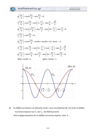 – 22 –
     
3 π  3 π  3 π 
g συν2∙ συν 0
4 4 2
⎛ ⎞
= = =⎜ ⎟
⎝ ⎠
  
     
5 π  5 π  π π 2
f συν συν  π συν     
4 4 4 4 2
⎛ ⎞ ⎛ ⎞
= = + = − =−⎜ ⎟⎜ ⎟
⎝ ⎠⎝ ⎠
.  
      
5 π  5 π  5 π   π   π 
g συν 2∙ συν συν 2π συν 0
4 4 2 2 2
⎛ ⎞ ⎛ ⎞ ⎛ ⎞
= = = + = =⎜ ⎟ ⎜ ⎟ ⎜ ⎟
⎝ ⎠ ⎝ ⎠ ⎝ ⎠
 
     
3 π  3 π 
f συν 0
2 2
⎛ ⎞
= =⎜ ⎟
⎝ ⎠
,  
       ( )
3 π  3 π 
g συν2∙ συν3π συν 2π π συνπ 1
2 2
⎛ ⎞
= = = + = = −⎜ ⎟
⎝ ⎠
 
     
7 π  7 π   π   π π 2
f συν συν 2π     συν συν
4 4 4 4 4 2
⎛ ⎞ ⎛ ⎞⎛ ⎞
= = − = − = =⎜ ⎟⎜ ⎟ ⎜ ⎟
⎝ ⎠⎝ ⎠ ⎝ ⎠
  
      
7 π  7 π  7 π  3 π  3 π 
g συν2∙ συν συν 2π συν 0
4 4 2 2 2
⎛ ⎞ ⎛ ⎞
= = = + = =⎜ ⎟ ⎜ ⎟
⎝ ⎠ ⎝ ⎠
 
      f(2π) συν2π 1= = ,       g(2π) συν4π 1= =   
 
 
 
 
β)  Το πλήθος των λύσεων της εξίσωσης συν2x συνx=  στο διάστημα [ ]0, 2π  είναι το πλήθος 
των κοινών σημείων των  fC  και  gC   στο διάστημα αυτό. 
   Από το σχήμα προκύπτει ότι το πλήθος των κοινών σημείων  είναι  4  . 
 
 