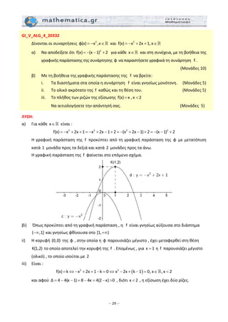 – 29 –
GI_V_ALG_4_20332
  Δίνονται οι συναρτήσεις  2
φ(x) x ,x= − ∈  και  2
f(x) x 2x 1, x= − + + ∈  
  α)   Να αποδείξετε ότι  2
f(x) (x 1) 2= − − +   για κάθε  x∈  και στη συνέχεια, με τη βοήθεια της 
γραφικής παράστασης της συνάρτησης φ να παραστήσετε γραφικά τη συνάρτηση  f . 
(Μονάδες 10) 
  β)   Με τη βοήθεια της γραφικής παράστασης της   f  να βρείτε: 
    i.   Τα διαστήματα στα οποία η συνάρτηση   f  είναι γνησίως μονότονη.     (Μονάδες 5) 
    ii.   Το ολικό ακρότατο της  f  καθώς και τη θέση του.                                       (Μονάδες 5) 
    iii.   Το πλήθος των ριζών της εξίσωσης  f(x) κ ,κ 2= <   
      Να αιτιολογήσετε την απάντησή σας.              (Μονάδες  5) 
 
ΛΥΣΗ:  
α)    Για κάθε x∈  είναι : 
2 2 2 2
f(x) x 2x 1 x 2x 1 2 (x 2x 1) 2 (x 1) 2= − + + = − + − + = − + − + = − − +  
  Η γραφική παράσταση της  f  προκύπτει από τη γραφική παράσταση της  φ με μετατόπιση 
κατά 1  μονάδα προς τα δεξιά και κατά 2 μονάδες προς τα άνω. 
  Η γραφική παράσταση της  f  φαίνεται στο επόμενο σχήμα. 
 
βi)    Όπως προκύπτει από τη γραφική παράσταση , η   f  είναι γνησίως αύξουσα στο διάστημα 
( ,1]−∞  και γνησίως φθίνουσα στο [1, )+∞  
ii)  Η κορυφή (0,0)  της φ , στην οποία η φ παρουσιάζει μέγιστο , έχει μεταφερθεί στη θέση 
K(1,2) το οποίο αποτελεί την κορυφή της  f  . Επομένως , για x 1=  η  f  παρουσιάζει μέγιστο 
(ολικό) , το οποίο ισούται με 2 
iii)   Είναι : 
( )2 2
f(x) k x 2x 1 k 0 x 2x k 1 0, x ,κ 2= ⇔ − + + − = ⇔ − + − = ∈ <  
  και αφού  Δ 4 4(κ 1) 8 4κ 4(2 κ) 0= − − = − = − >  , διότι κ 2<  , η εξίσωση έχει δύο ρίζες. 
 
