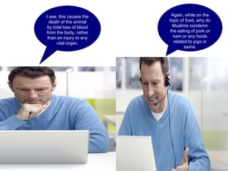 I see, this causes the death of the animal by total loss of blood from the body, rather than an injury to any vital organ. Again, while on the topic of food, why do Muslims condemn the eating of pork or ham or any foods related to pigs or swine. 