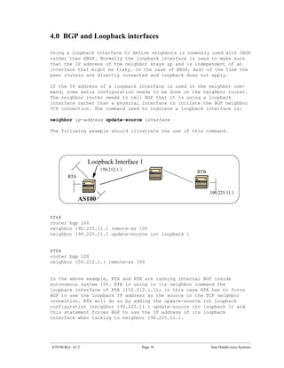 4.0 BGP and Loopback interfaces

Using a loopback interface to define neighbors is commonly used with IBGP
rather than EBGP. Normally the loopback interface is used to make sure
that the IP address of the neighbor stays up and is independent of an
interface that might be flaky. In the case of EBGP, most of the time the
peer routers are directly connected and loopback does not apply.

If the IP address of a loopback interface is used in the neighbor com-
mand, some extra configuration needs to be done on the neighbor router.
The neighbor router needs to tell BGP that it is using a loopback
interface rather than a physical interface to initiate the BGP neighbor
TCP connection. The command used to indicate a loopback interface is:

neighbor ip-address update-source interface

The following example should illustrate the use of this command.




                    Loopback Interface 1
                        150.212.1.1
                                                     RTB
         RTA


                                                           190.225.11.1
               AS100

RTA#
router bgp 100
neighbor 190.225.11.1 remote-as 100
neighbor 190.225.11.1 update-source int loopback 1


RTB#
router bgp 100
neighbor 150.212.1.1 remote-as 100


In the above example, RTA and RTB are running internal BGP inside
autonomous system 100. RTB is using in its neighbor command the
loopback interface of RTA (150.212.1.1); in this case RTA has to force
BGP to use the loopback IP address as the source in the TCP neighbor
connection. RTA will do so by adding the update-source int loopback
configuration (neighbor 190.225.11.1 update-source int loopback 1) and
this statement forces BGP to use the IP address of its loopback
interface when talking to neighbor 190.225.11.1.




4/29/96-Rev: A1.2                      Page 10             Sam Halabi-cisco Systems
 
