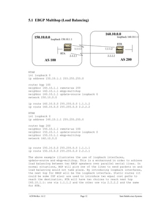 5.1 EBGP Multihop (Load Balancing)


                                                     160.10.0.0
     150.10.0.0 loopback 150.10.1.1                              loopback 160.10.1.1

                                                                 RTB
                                      1.1.1.1        1.1.1.2
                         RTA
                                2.2.2.1                2.2.2.2
                AS 100                                              AS 200


RTA#
int loopback 0
ip address 150.10.1.1 255.255.255.0

router bgp 100
neighbor 160.10.1.1 remote-as 200
neighbor 160.10.1.1 ebgp-multihop
neighbor 160.10.1.1 update-source loopback 0
network 150.10.0.0

ip route 160.10.0.0 255.255.0.0 1.1.1.2
ip route 160.10.0.0 255.255.0.0 2.2.2.2

RTB#
int loopback 0
ip address 160.10.1.1 255.255.255.0

router bgp 200
neighbor 150.10.1.1 remote-as 100
neighbor 150.10.1.1 update-source loopback 0
neighbor 150.10.1.1 ebgp-multihop
network 160.10.0.0


ip route 150.10.0.0 255.255.0.0 1.1.1.1
ip route 150.10.0.0 255.255.0.0 2.2.2.1

The above example illustrates the use of loopback interfaces,
update-source and ebgp-multihop. This is a workaround in order to achieve
load balancing between two EBGP speakers over parallel serial lines. In
normal situations, BGP will pick one of the lines to send packets on and
load balancing would not take place. By introducing loopback interfaces,
the next hop for EBGP will be the loopback interface. Static routes (it
could be some IGP also) are used to introduce two equal cost paths to
reach the destination. RTA will have two choices to reach next hop
160.10.1.1: one via 1.1.1.2 and the other one via 2.2.2.2 and the same
for RTB.


4/29/96-Rev: A1.2                          Page 12                 Sam Halabi-cisco Systems
 
