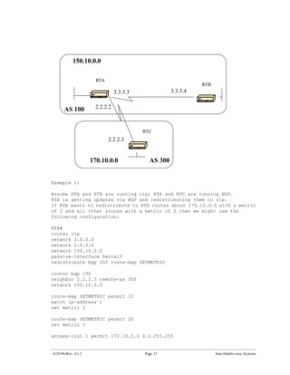 150.10.0.0

                      RTA
                                                               RTB
                                3.3.3.3              3.3.3.4


      AS 100          2.2.2.2



                                          RTC
                            2.2.2.3


                    170.10.0.0              AS 300


Example 1:

Assume RTA and RTB are running rip; RTA and RTC are running BGP.
RTA is getting updates via BGP and redistributing them to rip.
If RTA wants to redistribute to RTB routes about 170.10.0.0 with a metric
of 2 and all other routes with a metric of 5 then we might use the
following configuration:

RTA#
router rip
network 3.0.0.0
network 2.0.0.0
network 150.10.0.0
passive-interface Serial0
redistribute bgp 100 route-map SETMETRIC

router bgp 100
neighbor 2.2.2.3 remote-as 300
network 150.10.0.0

route-map SETMETRIC permit 10
match ip-address 1
set metric 2

route-map SETMETRIC permit 20
set metric 5

access-list 1 permit 170.10.0.0 0.0.255.255


4/29/96-Rev: A1.2                         Page 15                    Sam Halabi-cisco Systems
 