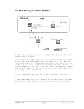 12.1 BGP Nexthop (Multiaccess Networks)


         150.10.0.0                     AS 100
                    RTA
                                                           RTB         150.10.50.1
                               150.10.30.1

                          170.10.20.1




                      170.10.20.2         RTC
                                                         170.10.20.3   RTD




                                                AS 300
                                                              180.20.0.0

The following example shows how the nexthop will behave on a multiaccess
network such as ethernet.

Assume that RTC and RTD in AS300 are running OSPF. RTC is running BGP
with RTA. RTC can reach network 180.20.0.0 via 170.10.20.3. When RTC
sends a BGP update to RTA regarding 180.20.0.0 it will use as next hop
170.10.20.3 and not its own IP address (170.10.20.2). This is because the
network between RTA, RTC and RTD is a multiaccess network and it makes
more sense for RTA to use RTD as a next hop to reach 180.20.0.0 rather
than making an extra hop via RTC.


*RTC will advertise 180.20.0.0 to RTA with a NextHop = 170.10.20.3.


If the common media to RTA, RTC and RTD was not multiaccess, but NBMA
(Non Broadcast Media Access) then further complications will occur.




4/29/96-Rev: A1.2                            Page 29                       Sam Halabi-cisco Systems
 