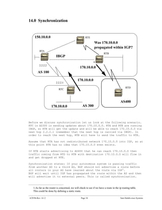 14.0 Synchronization


     150.10.0.0                                       RTE

                                                              Was 170.10.0.0
                                                              propagated within IGP?
          RTA
                                                                        RTB
                         IBGP

          2.2.2.2
                                                170.10.0.0
        AS 100

                                              170.10.0.0
                         2.2.2.1
                                                                                             RTD
                           RTC



                                                                                        AS400
                    170.10.0.0                     AS 300



Before we discuss synchronization let us look at the following scenario.
RTC in AS300 is sending updates about 170.10.0.0. RTA and RTB are running
IBGP, so RTB will get the update and will be able to reach 170.10.0.0 via
next hop 2.2.2.1 (remember that the next hop is carried via IBGP). In
order to reach the next hop, RTB will have to send the traffic to RTE.

Assume that RTA has not redistributed network 170.10.0.0 into IGP, so at
this point RTE has no idea that 170.10.0.0 even exists.

If RTB starts advertising to AS400 that he can reach 170.10.0.0 then
traffic coming from RTD to RTB with destination 170.10.0.0 will flow in
and get dropped at RTE.

Synchronization states: If your autonomous system is passing traffic
from another AS to a third AS, BGP should not advertise a route before
all routers in your AS have learned about the route via IGP1.
BGP will wait until IGP has propagated the route within the AS and then
will advertise it to external peers. This is called synchronization.



   1.As far as the router is concerned, we will check to see if we have a route in the ip routing table.
   This could be done by deﬁning a static route.

4/29/96-Rev: A1.2                                Page 34                                Sam Halabi-cisco Systems
 