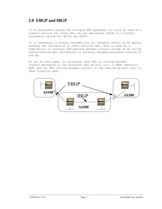 2.0 EBGP and IBGP

If an Autonomous System has multiple BGP speakers, it could be used as a
transit service for other ASs. As you see below, AS200 is a transit
autonomous system for AS100 and AS300.

It is necessary to ensure reachability for networks within an AS before
sending the information to other external ASs. This is done by a
combination of Internal BGP peering between routers inside an AS and by
redistributing BGP information to Internal Gateway protocols running in
the AS.

As far as this paper is concerned, when BGP is running between
routers belonging to two different ASs we will call it EBGP (Exterior
BGP) and for BGP running between routers in the same AS we will call it
IBGP (Interior BGP).




                        EBGP
              AS100
                               IBGP                          AS300


                               AS200




4/29/96-Rev: A1.2                Page 5                   Sam Halabi-cisco Systems
 