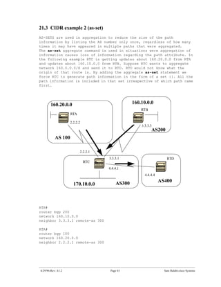 21.3 CIDR example 2 (as-set)
AS-SETS are used in aggregation to reduce the size of the path
information by listing the AS number only once, regardless of how many
times it may have appeared in multiple paths that were aggregated.
The as-set aggregate command is used in situations were aggregation of
information causes loss of information regarding the path attribute. In
the following example RTC is getting updates about 160.20.0.0 from RTA
and updates about 160.10.0.0 from RTB. Suppose RTC wants to aggregate
network 160.0.0.0/8 and send it to RTD. RTD would not know what the
origin of that route is. By adding the aggregate as-set statement we
force RTC to generate path information in the form of a set {}. All the
path information is included in that set irrespective of which path came
first.




       160.20.0.0                               160.10.0.0
                                                    RTB
                    RTA

                    2.2.2.2
                                                    3.3.3.3
                                                          AS200
           AS 100

                          2.2.2.1
                                    3.3.3.1                         RTD
                              RTC
                                    4.4.4.1
                                                      4.4.4.4

                                        AS300                   AS400
                      170.10.0.0



RTB#
router bgp 200
network 160.10.0.0
neighbor 3.3.3.1 remote-as 300

RTA#
router bgp 100
network 160.20.0.0
neighbor 2.2.2.1 remote-as 300




4/29/96-Rev: A1.2                    Page 63                      Sam Halabi-cisco Systems
 