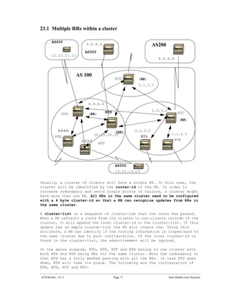 23.1 Multiple RRs within a cluster

       AS400
                           9.9.9.9                                   AS200
                          AS300
       11.11.11.11
                                                                        8.8.8.8



                      AS 100
                                                 RTG       (RR)
                                                           7.7.7.7




                            4.4.4.4

                                          RTH                        3.3.3.3
               RTD          (RR)                                                     RTC
                                                                                      (RR)

            6.6.6.6                         (RR)          2.2.2.2
                                  10.10.10.10                                    1.1.1.1
          RTE                                                  RTA
                        5.5.5.5                                                    RTB
                                    RTF




                                                 AS500
                                                 13.13.13.13

Usually, a cluster of clients will have a single RR. In this case, the
cluster will be identified by the router-id of the RR. In order to
increase redundancy and avoid single points of failure, a cluster might
have more than one RR. All RRs in the same cluster need to be configured
with a 4 byte cluster-id so that a RR can recognize updates from RRs in
the same cluster.

A cluster-list is a sequence of cluster-ids that the route has passed.
When a RR reflects a route from its clients to non-clients outside of the
cluster, it will append the local cluster-id to the cluster-list. If this
update has an empty cluster-list the RR will create one. Using this
attribute, a RR can identify if the routing information is looped back to
the same cluster due to poor configuration. If the local cluster-id is
found in the cluster-list, the advertisement will be ignored.

In the above diagram, RTD, RTE, RTF and RTH belong to one cluster with
both RTD and RTH being RRs for the same cluster. Note the redundancy in
that RTH has a fully meshed peering with all the RRs. In case RTD goes
down, RTH will take its place. The following are the configuration of
RTH, RTD, RTF and RTC:

4/29/96-Rev: A1.2                               Page 71                        Sam Halabi-cisco Systems
 