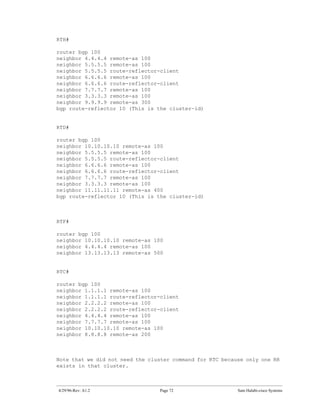 RTH#

router bgp 100
neighbor 4.4.4.4 remote-as 100
neighbor 5.5.5.5 remote-as 100
neighbor 5.5.5.5 route-reflector-client
neighbor 6.6.6.6 remote-as 100
neighbor 6.6.6.6 route-reflector-client
neighbor 7.7.7.7 remote-as 100
neighbor 3.3.3.3 remote-as 100
neighbor 9.9.9.9 remote-as 300
bgp route-reflector 10 (This is the cluster-id)


RTD#

router bgp 100
neighbor 10.10.10.10 remote-as 100
neighbor 5.5.5.5 remote-as 100
neighbor 5.5.5.5 route-reflector-client
neighbor 6.6.6.6 remote-as 100
neighbor 6.6.6.6 route-reflector-client
neighbor 7.7.7.7 remote-as 100
neighbor 3.3.3.3 remote-as 100
neighbor 11.11.11.11 remote-as 400
bgp route-reflector 10 (This is the cluster-id)



RTF#

router bgp 100
neighbor 10.10.10.10 remote-as 100
neighbor 4.4.4.4 remote-as 100
neighbor 13.13.13.13 remote-as 500


RTC#

router bgp 100
neighbor 1.1.1.1 remote-as 100
neighbor 1.1.1.1 route-reflector-client
neighbor 2.2.2.2 remote-as 100
neighbor 2.2.2.2 route-reflector-client
neighbor 4.4.4.4 remote-as 100
neighbor 7.7.7.7 remote-as 100
neighbor 10.10.10.10 remote-as 100
neighbor 8.8.8.8 remote-as 200



Note that we did not need the cluster command for RTC because only one RR
exists in that cluster.



4/29/96-Rev: A1.2                Page 72                   Sam Halabi-cisco Systems
 