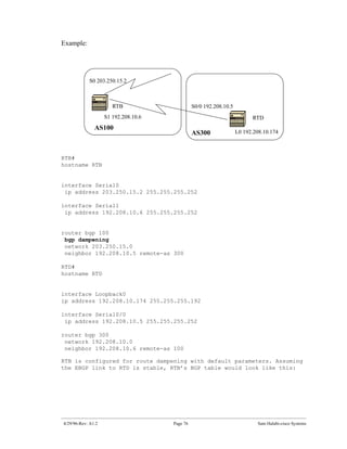 Example:




            S0 203.250.15.2



                       RTB                      S0/0 192.208.10.5
                    S1 192.208.10.6                                       RTD
               AS100
                                                AS300               L0 192.208.10.174



RTB#
hostname RTB


interface Serial0
 ip address 203.250.15.2 255.255.255.252

interface Serial1
 ip address 192.208.10.6 255.255.255.252


router bgp 100
 bgp dampening
 network 203.250.15.0
 neighbor 192.208.10.5 remote-as 300

RTD#
hostname RTD


interface Loopback0
ip address 192.208.10.174 255.255.255.192

interface Serial0/0
 ip address 192.208.10.5 255.255.255.252

router bgp 300
 network 192.208.10.0
 neighbor 192.208.10.6 remote-as 100

RTB is configured for route dampening with default parameters. Assuming
the EBGP link to RTD is stable, RTB’s BGP table would look like this:




4/29/96-Rev: A1.2                     Page 76                               Sam Halabi-cisco Systems
 
