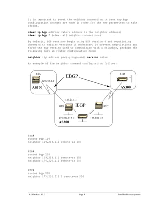 It is important to reset the neighbor connection in case any bgp
configuration changes are made in order for the new parameters to take
effect.

clear ip bgp address (where address is the neighbor address)
clear ip bgp * (clear all neighbor connections)

By default, BGP sessions begin using BGP Version 4 and negotiating
downward to earlier versions if necessary. To prevent negotiations and
force the BGP version used to communicate with a neighbor, perform the
following task in router configuration mode:

neighbor {ip address|peer-group-name} version value

An example of the neighbor command configuration follows:



       RTA                                                                   RTD
                                 EBGP
             129.213.1.2

   AS100                                                                      AS300


                                 129.213.1.1

                           RTB             IBGP                       RTC



                           175.220.212.1                175.220.1.2
                           AS200


RTA#
router bgp 100
neighbor 129.213.1.1 remote-as 200


RTB#
router bgp 200
neighbor 129.213.1.2 remote-as 100
neighbor 175.220.1.2 remote-as 200


RTC#
router bgp 200
neighbor 175.220.212.1 remote-as 200




4/29/96-Rev: A1.2                              Page 8                       Sam Halabi-cisco Systems
 