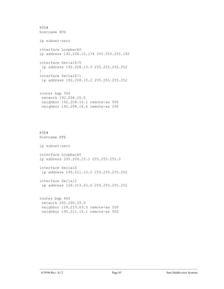 RTD#
hostname RTD

ip subnet-zero

interface Loopback0
ip address 192.208.10.174 255.255.255.192

interface Serial0/0
  ip address 192.208.10.5 255.255.255.252
!
interface Serial0/1
  ip address 192.208.10.2 255.255.255.252


router bgp 300
 network 192.208.10.0
 neighbor 192.208.10.1 remote-as 500
 neighbor 192.208.10.6 remote-as 100




RTE#
hostname RTE

ip subnet-zero

interface Loopback0
ip address 200.200.10.1 255.255.255.0

interface Serial0
 ip address 195.211.10.2 255.255.255.252

interface Serial1
 ip address 128.213.63.6 255.255.255.252


router bgp 400
 network 200.200.10.0
 neighbor 128.213.63.5 remote-as 200
 neighbor 195.211.10.1 remote-as 500




4/29/96-Rev: A1.2                Page 83    Sam Halabi-cisco Systems
 