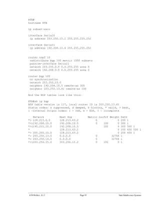 RTB#
hostname RTB

ip subnet-zero

interface Serial0
 ip address 203.250.15.2 255.255.255.252

interface Serial1
 ip address 192.208.10.6 255.255.255.252


router ospf 10
 redistribute bgp 100 metric 1000 subnets
 passive-interface Serial1
 network 203.250.0.0 0.0.255.255 area 0
 network 192.208.0.0 0.0.255.255 area 0

router bgp 100
 no synchronization
 network 203.250.15.0
 neighbor 192.208.10.5 remote-as 300
 neighbor 203.250.13.41 remote-as 100

And the BGP tables look like this:

RTA#sh ip bgp
BGP table version is 117, local router ID is 203.250.13.41
Status codes: s suppressed, d damped, h history, * valid, > best,
i -internal Origin codes: i - IGP, e - EGP, ? - incomplete

   Network          Next Hop                 Metric LocPrf Weight Path
*> 128.213.0.0      128.213.63.2                  0             0 200 i
*>i192.208.10.0     192.208.10.5                  0    100      0 300 i
*>i195.211.10.0     192.208.10.5                       100      0 300 500 i
*                   128.213.63.2                                0 200 400 500 i
*> 200.200.10.0     128.213.63.2                                0 200 400 i
*> 203.250.13.0     0.0.0.0                       0         32768 i
*> 203.250.14.0     0.0.0.0                       0         32768 i
*>i203.250.15.0     203.250.15.2                  0    100      0 i




4/29/96-Rev: A1.2                  Page 91                      Sam Halabi-cisco Systems
 