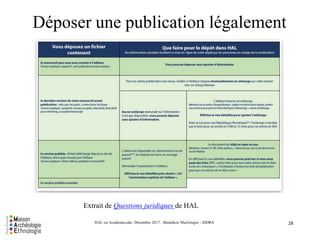 Déposer une publication légalement
28HAL ou Academia.edu- Décembre 2017 - Bénédicte MacGregor - SIDRA
Extrait de Questions juridiques de HAL
 
