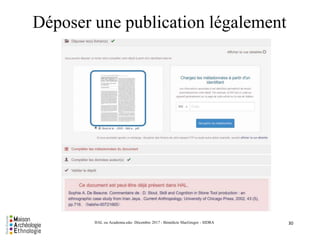 Déposer une publication légalement
30HAL ou Academia.edu- Décembre 2017 - Bénédicte MacGregor - SIDRA
 