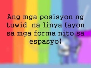 Ang mga posisyon ng
tuwid na linya (ayon
sa mga forma nito sa
espasyo)
 