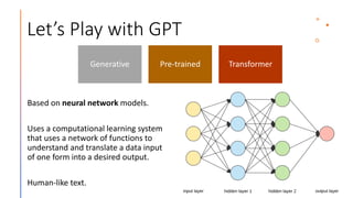 Let’s Play with GPT
Based on neural network models.
Uses a computational learning system
that uses a network of functions to
understand and translate a data input
of one form into a desired output.
Human-like text.
Generative Pre-trained Transformer
 