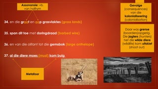 34. en die groot en oop grasvlaktes (grass lands)
35. span dit toe met doringdraad (barbed wire)
36. en van die olifant tot die gemsbok (large anthelope)
37. al die diere moes (must) kom buig
Assonansie: vb.
van halfrym
Gevolge
(consequences)
van die
kolonialiseering
(colonialisation)
Daar was grense
(boarders)opgerig.
Die jagters (hunters)
het die wilde diere
(wildlife) kom uitskiet
(shoot out)
Metafoor
 