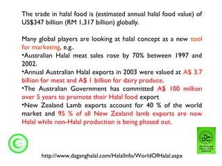 The trade in halal food is (estimated annual halal food value) of
US$347 billion (RM 1,317 billion) globally.

Many global players are looking at halal concept as a new tool
for marketing, e.g..
•Australian Halal meat sales rose by 70% between 1997 and
2002.
•Annual Australian Halal exports in 2003 were valued at A$ 3.7
billion for meat and A$ 1 billion for dairy produce.
•The Australian Government has committed A$ 100 million
over 5 years to promote their Halal food export
•New Zealand Lamb exports account for 40 % of the world
market and 95 % of all New Zealand lamb exports are now
Halal while non-Halal production is being phased out.



       http://www.daganghalal.com/HalalInfo/WorldOfHalal.aspx
 