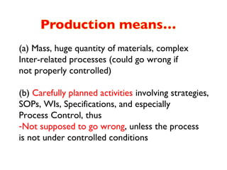 (a) Mass, huge quantity of materials, complex
Inter-related processes (could go wrong if
not properly controlled)

(b) Carefully planned activities involving strategies,
SOPs, WIs, Specifications, and especially
Process Control, thus
-Not supposed to go wrong, unless the process
is not under controlled conditions
 