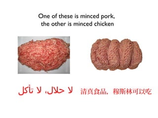 One of these is minced pork,
     the other is minced chicken




‫ل حلل، ل تأكل‬      清真食品，穆斯林可以吃
 