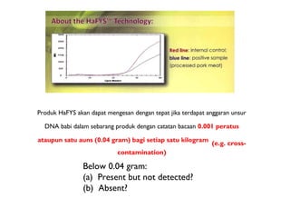 Produk HaFYS akan dapat mengesan dengan tepat jika terdapat anggaran unsur

  DNA babi dalam sebarang produk dengan catatan bacaan 0.001 peratus

ataupun satu auns (0.04 gram) bagi setiap satu kilogram
                                                             (e.g. cross-
                            contamination)

                Below 0.04 gram:
                (a) Present but not detected?
                (b) Absent?
 