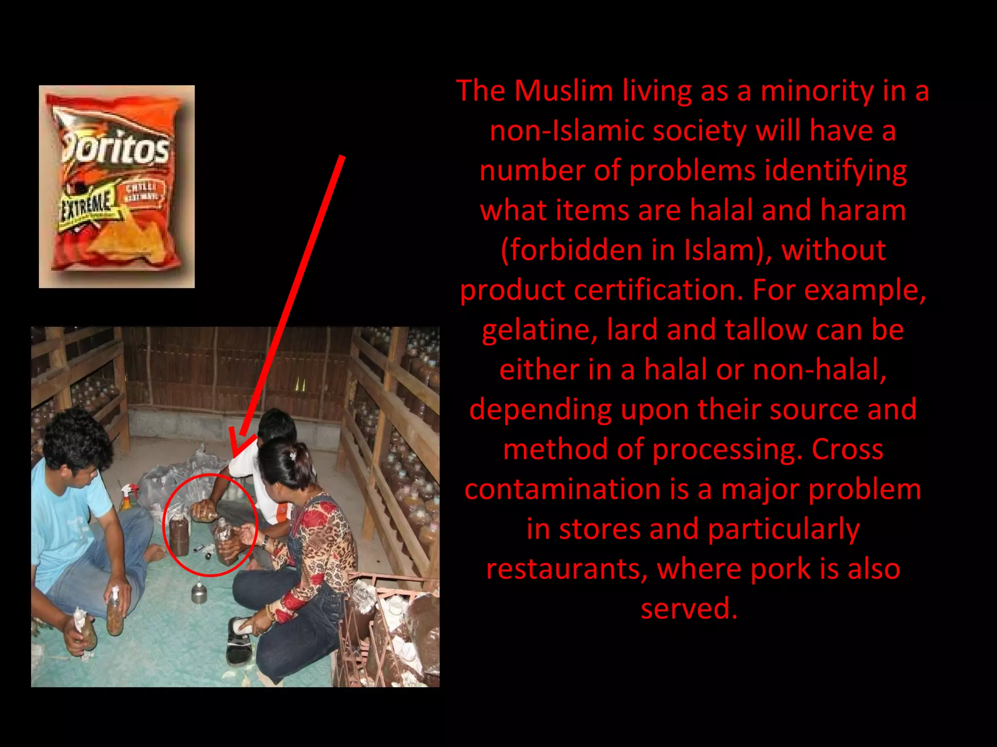 The Muslim living as a minority in a non-Islamic society will have a number of problems identifying what items are halal and haram (forbidden in Islam), without product certification. For example, gelatine, lard and tallow can be either in a halal or non-halal, depending upon their source and method of processing. Cross contamination is a major problem in stores and particularly restaurants, where pork is also served.  