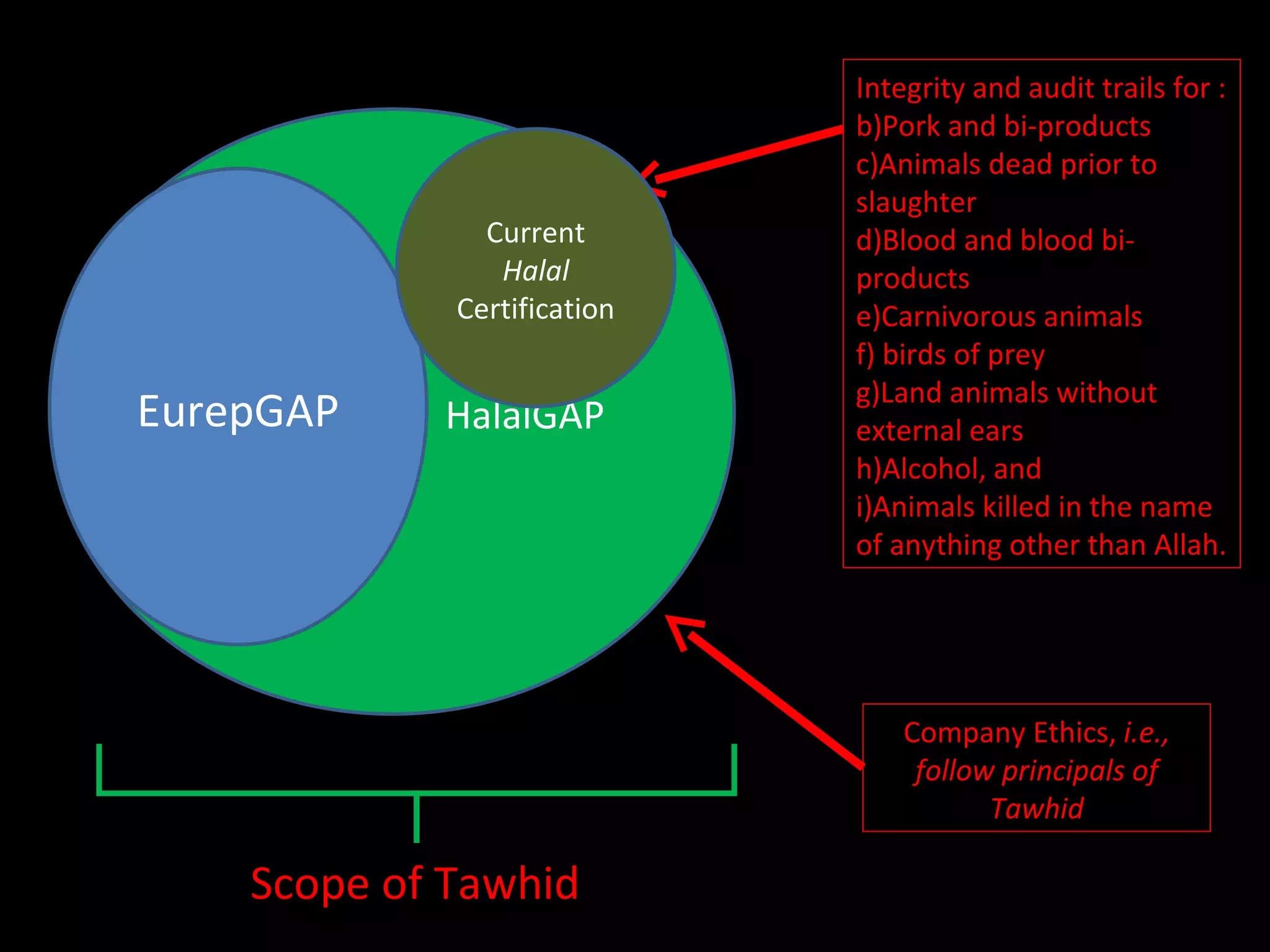 HalalGAP EurepGAP Integrity and audit trails for : Pork and bi-products Animals dead prior to slaughter Blood and blood bi-products Carnivorous animals birds of prey Land animals without external ears Alcohol, and Animals killed in the name of anything other than Allah. Company Ethics,  i.e., follow principals of Tawhid Current  Halal  Certification Scope of Tawhid 