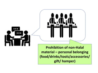 Prohibition of non-Halal
material – personal belonging
(food/drinks/tools/accessories/
gift/ hamper)
 