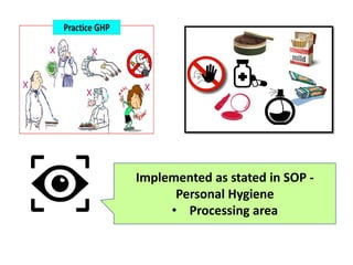 Implemented as stated in SOP -
Personal Hygiene
• Processing area
 