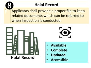 Halal Record
1 Applicants shall provide a proper file to keep
related documents which can be referred to
when inspection is conducted.

• Available
• Complete
• Updated
• Accessible
Halal Record
 